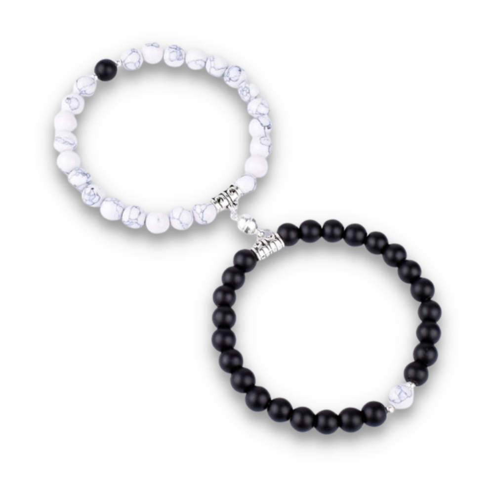 Double Bracelets Couple en Onyx et Turquoise blanche "Stabilité & Maîtrise de soi"