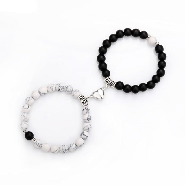 Double Bracelets Couple en Turquoise blanche et Onyx "Sagesse & Conscience" - Coeur